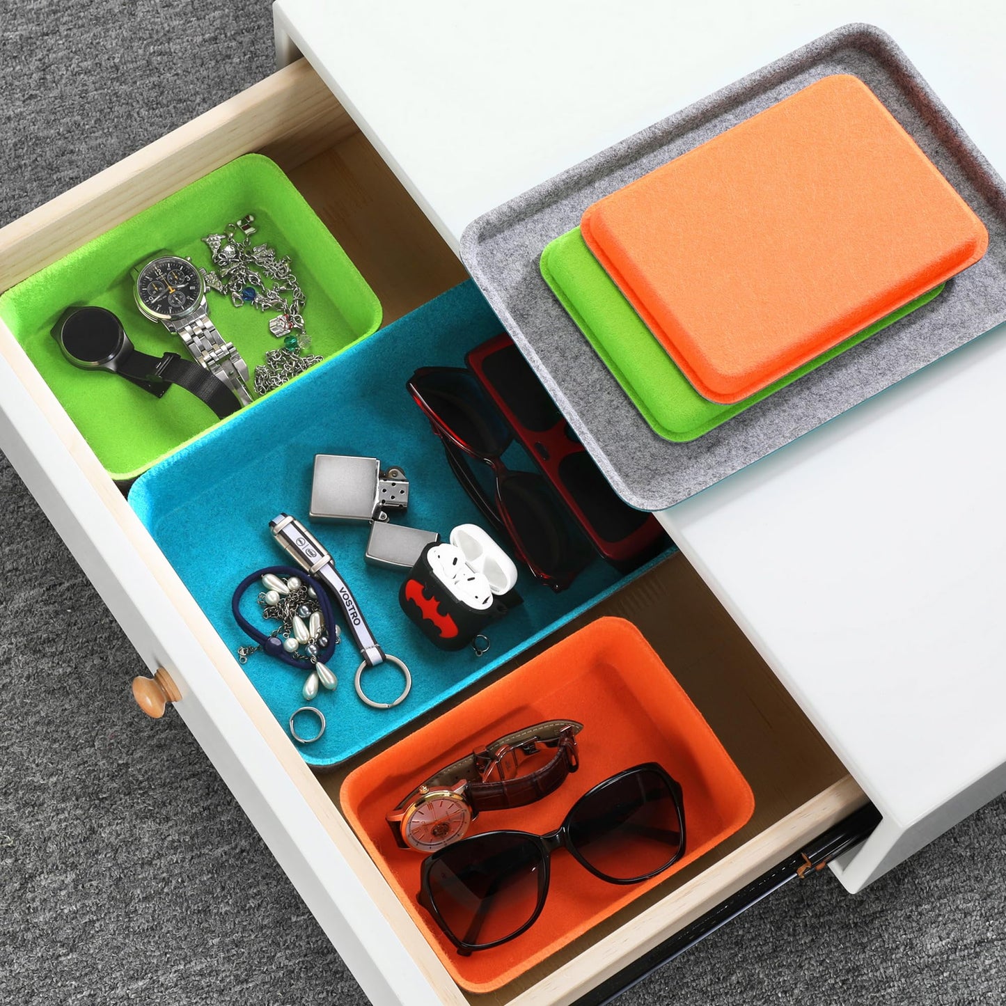 Welaxy stackable Lidded drawer organizer bins home office work desktop storage box with lid for junk makeup stationery decluttering sorting 3-pack gift idea (Orange + Green + Turquoise)