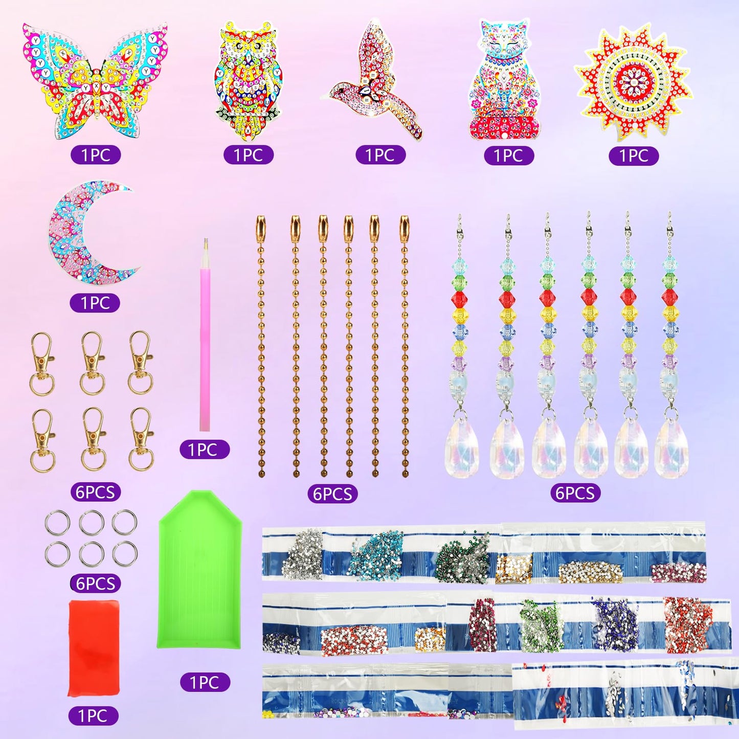 Walact 6 Pcs Diamond Painting Suncatcher Wind Chime, Diamond Art Kits Double Sided DIY Crafts Hanging Ornaments for Adults Kids Home Garden Decorations