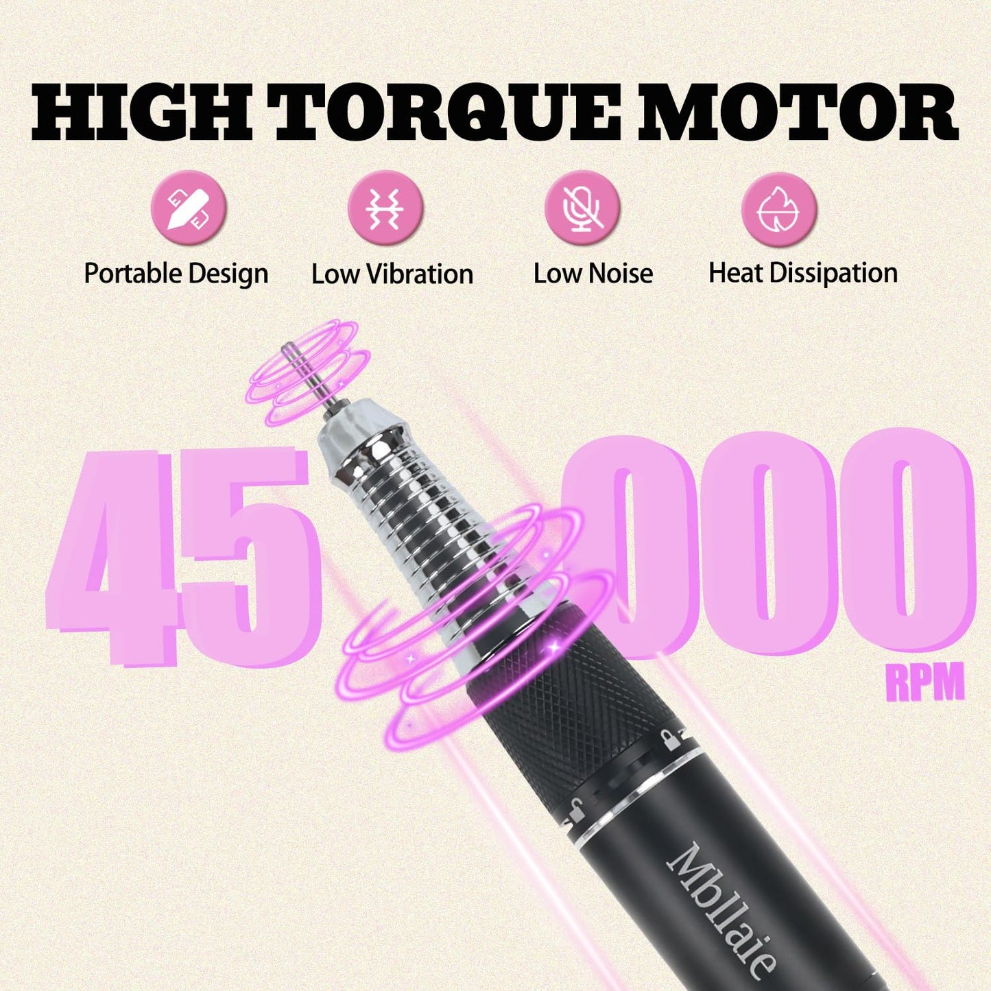 Professional Nail Drill File 45000RPM Electric Portable Nails Drills Kit with Rechargeable 7 uñas Bits Cordless Efile for Poly Gel Acrylic Nails Remover Home Salon Pedicure Manicure Tool (Black)