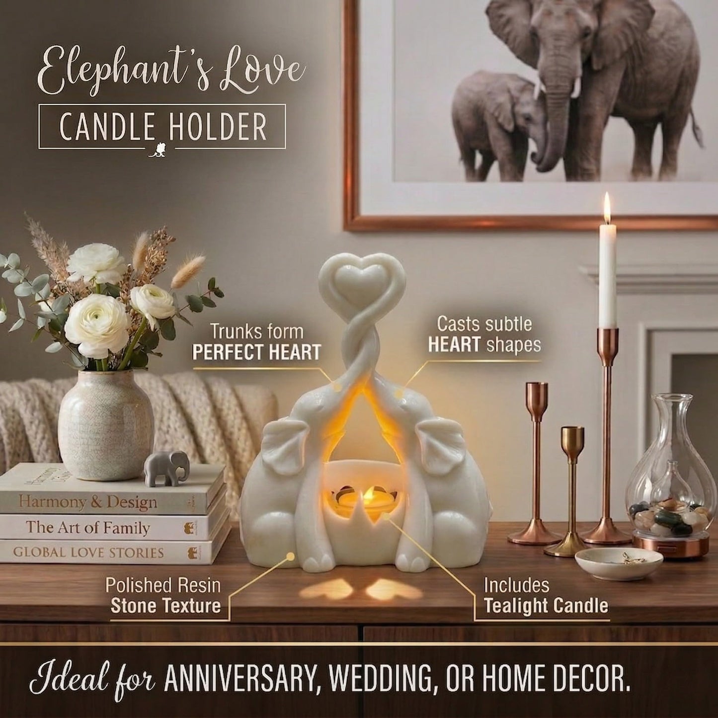 Elephant Love Candle Holder Statue - Elegant Gift Home Decor for Women Living Room or Bedroom - Flickering LED Candle Included - Ivory 14th Anniversary, Couples, Parents Valentine's Present