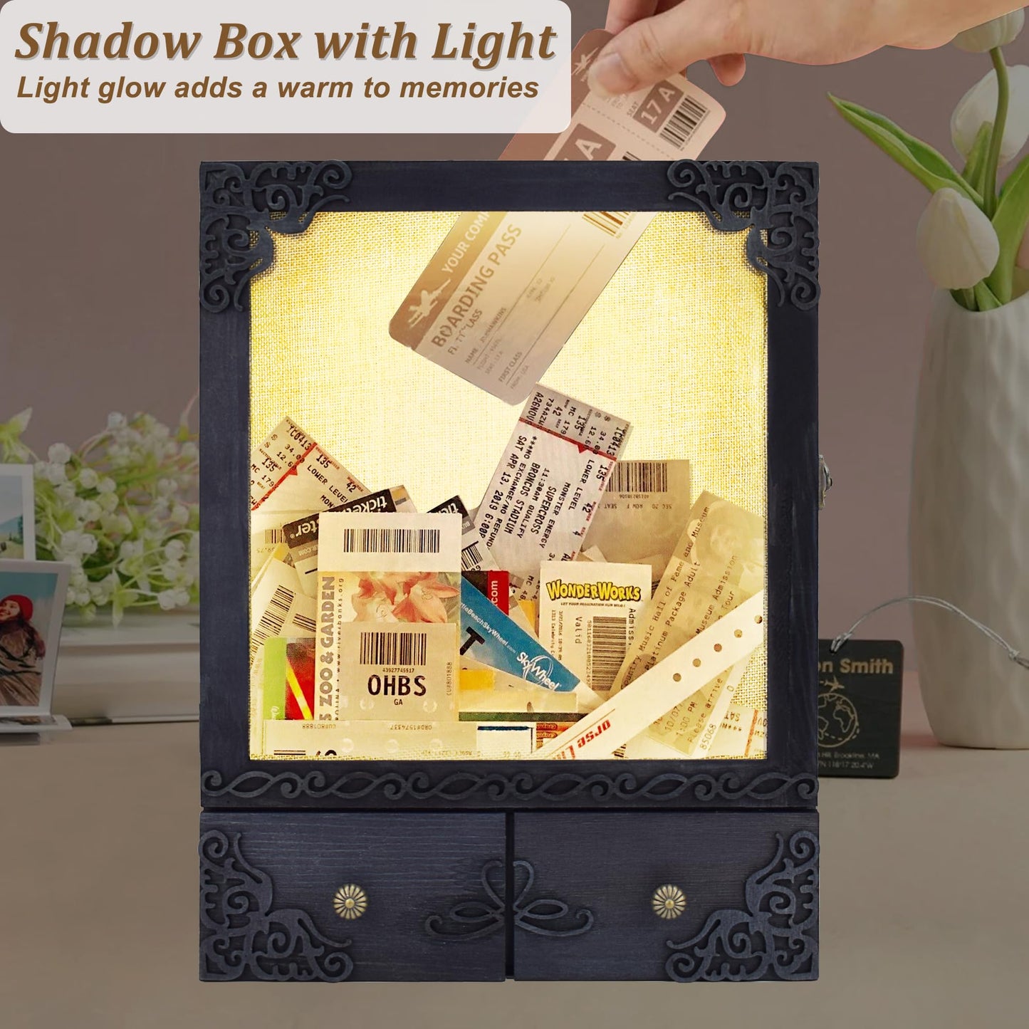 KWYADLUO 11x16 Shadow Box Frame with Light, Memorial Display Case with Shelves, Drawer and Slot for Keepsakes, Deep Memorial Shadow Box for Pet Memorial, Dog Keepsakes and Flowers, Black