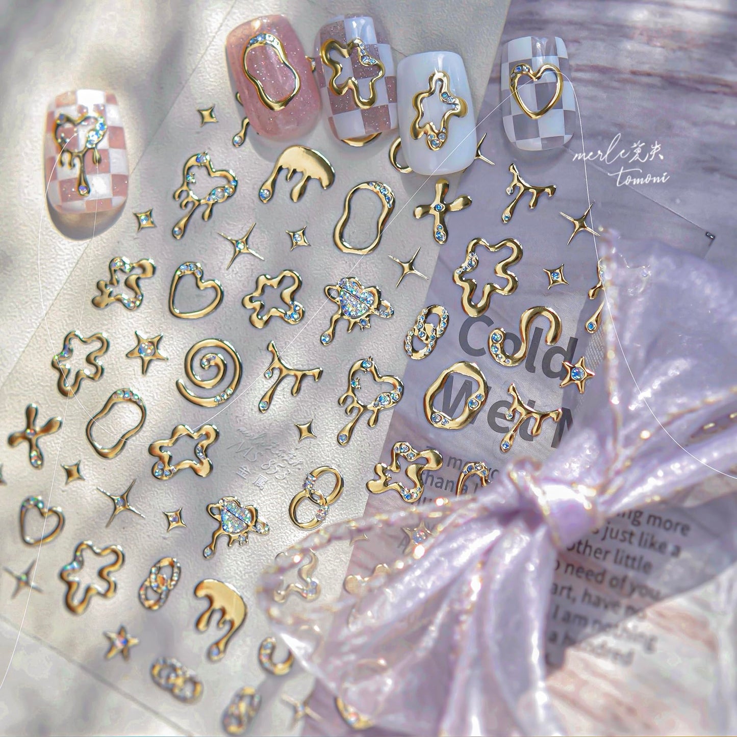 Phuryllic 3D Nail Stickers for Nail Art, Embossed Self-Adhesive Cute Nail Charms & Decals for DIY Nails, Easy-to-Apply Nail Design Supplies & Accessories for Home Manicure-Gold Irregular Shapes