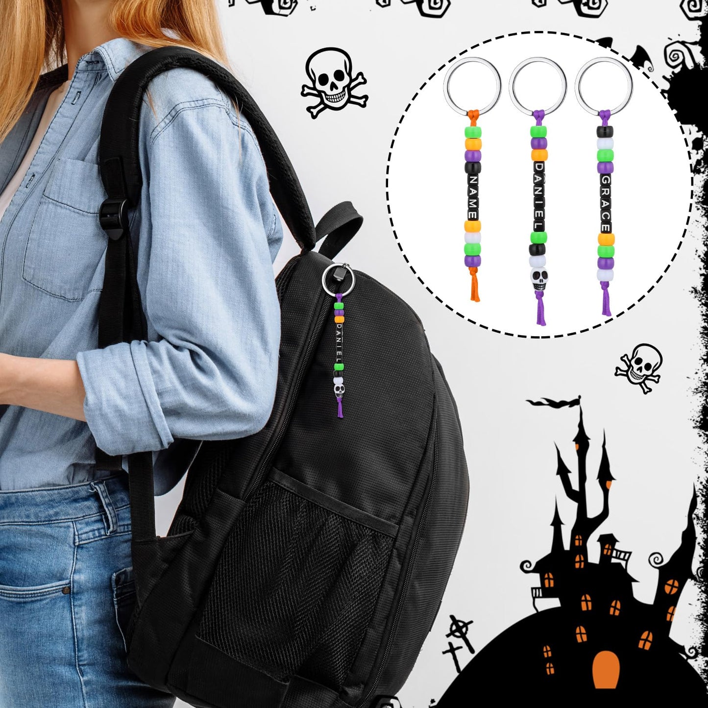 Landical 564 Pcs DIY Bead Keychain Kit Key Chain Making Craft Adjustable Letter Beads String Mama Gift Alphabet Bead Jewelry Key Ring Backpack Accessories for Party Favor(Halloween,Stylish Color)