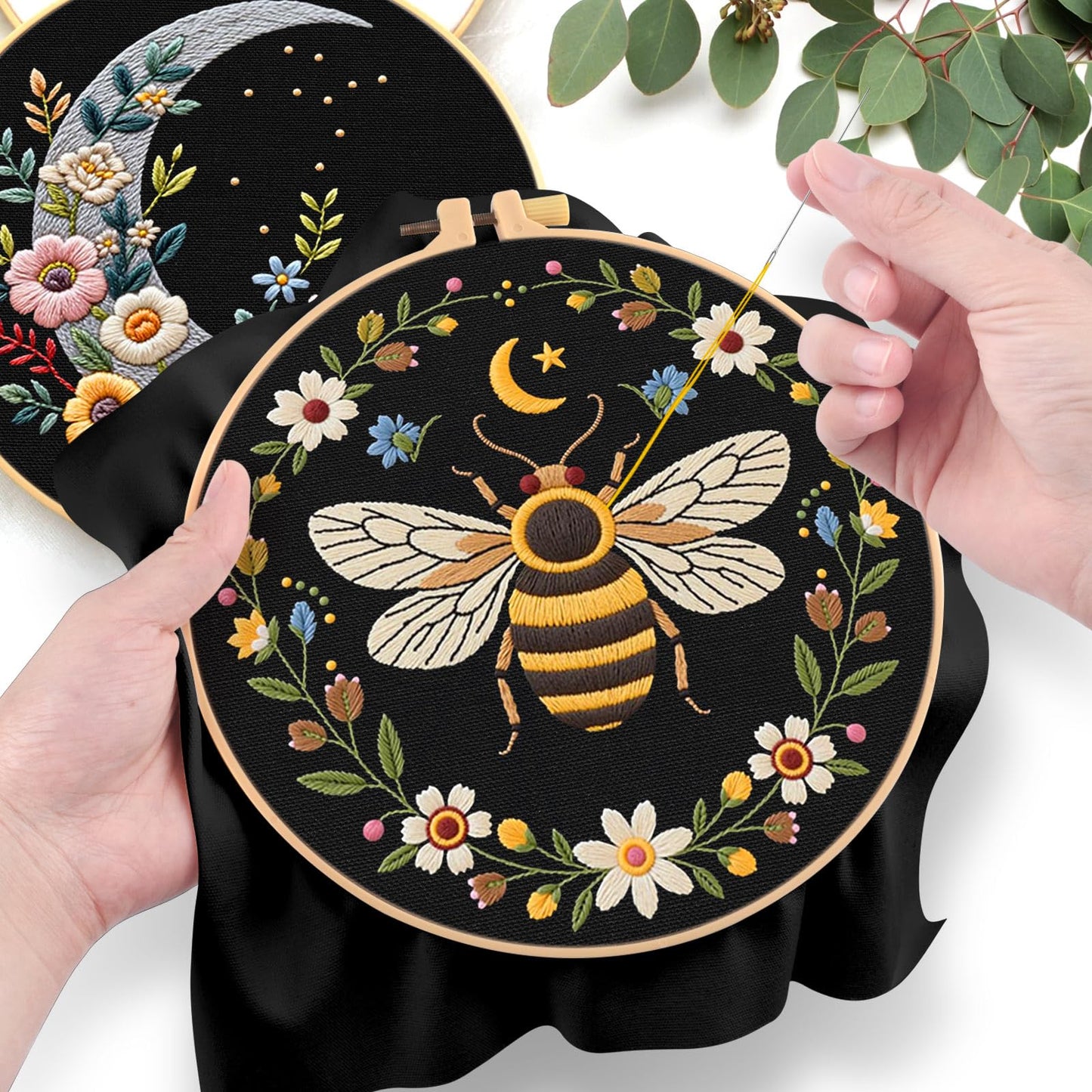 ERKOON Embroidery Kit for Beginners, 2 Set Flower Cross Stitch Set Include Embroidery Cloth Hoops Threads for Craft Lover Hand Stitch with Embroidery Skill Techniques (Bee Moon)