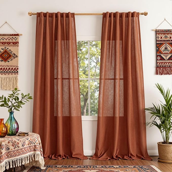 MYSKY HOME Extra Long Curtains for Living Room 96 Inches Light Filtering Semi Sheer Sliding Door Curtains Bedroom Window Drapes Privacy Back Tab Farmhouse Boho Modern, Terracotta, 50" x 96", 2 Panels