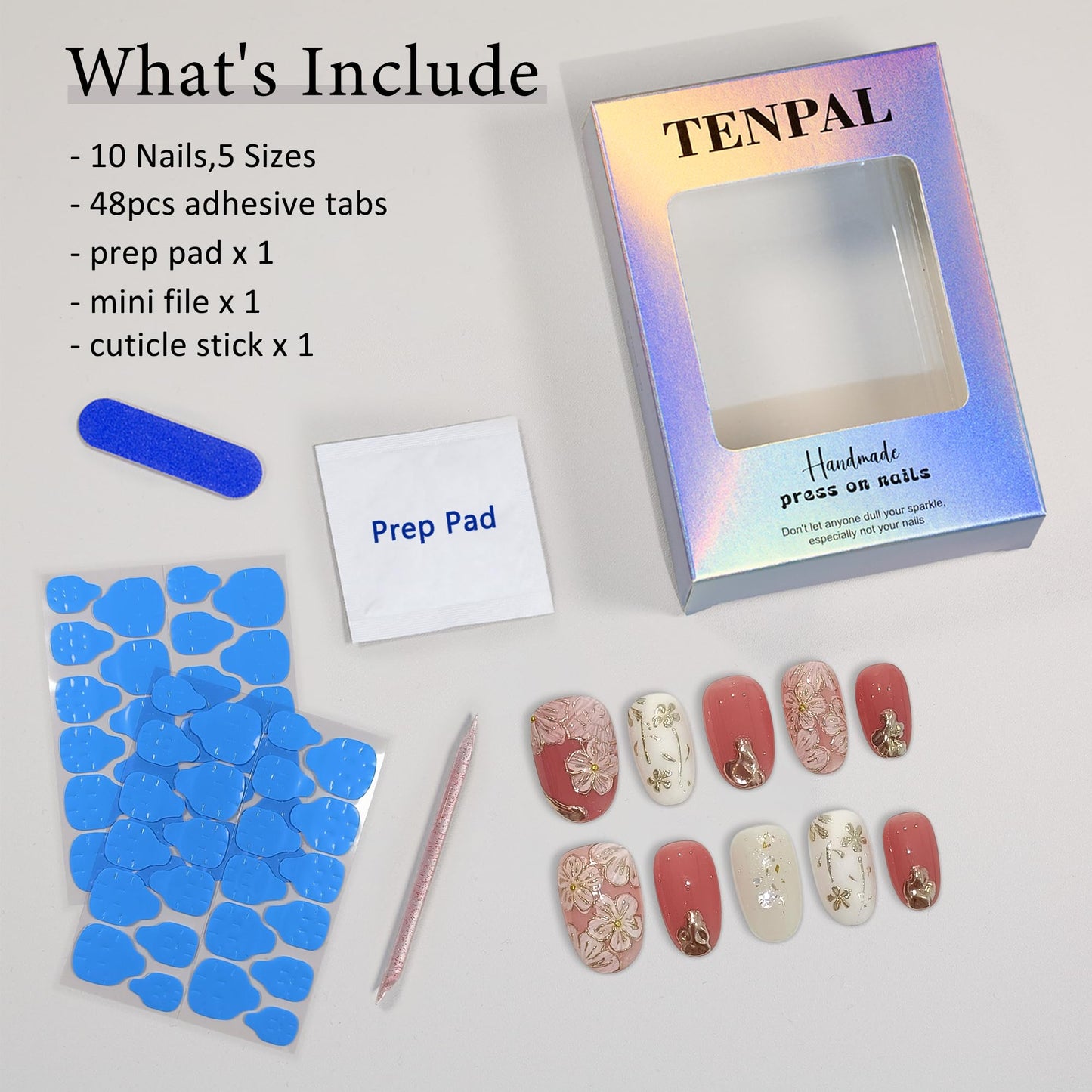 TENPAL Short Oval Press on Nails,Peach Yogurt Base Glue on Nails,Hand-Painted Cloisonné Florals False Nails Press ons,Artisan Chinese Style Fake Nails Kit,Enamel Wire Inlay Nail Art Tools 10pcs(S)