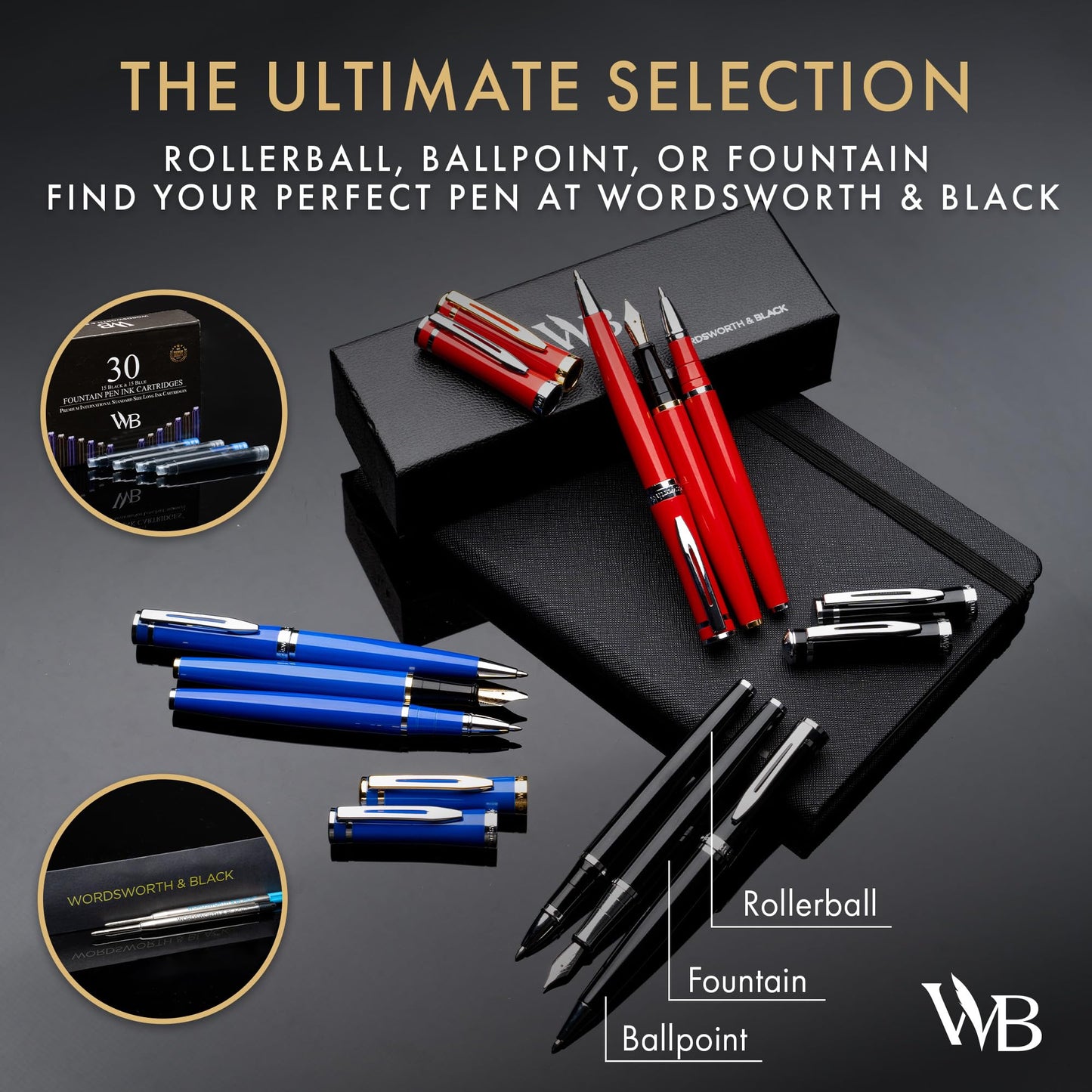 Wordsworth and Black Rollerball Pen - Luxury Pen - All Black Lacquer Finish, Ink Refill, Refillable Gift for Men & Women, Professional Writing, Nice and Fancy Pens and for Work