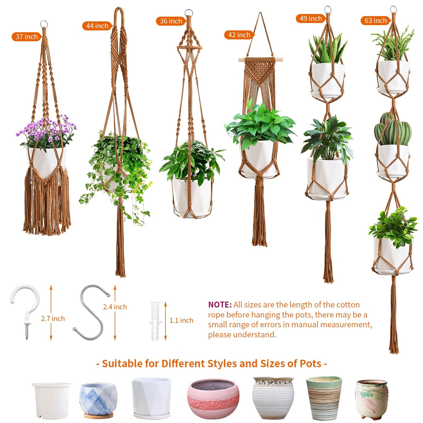 SFENNGPET Macrame Plant Hangers, 6Pack Hanging Planters for Indoor Plants w/ 6 Set Hangers Kit Handmade Macromay Plant Hangers Indoor Flower Pots Holder Stand for Boho Home Décor (POTS NOT Included)