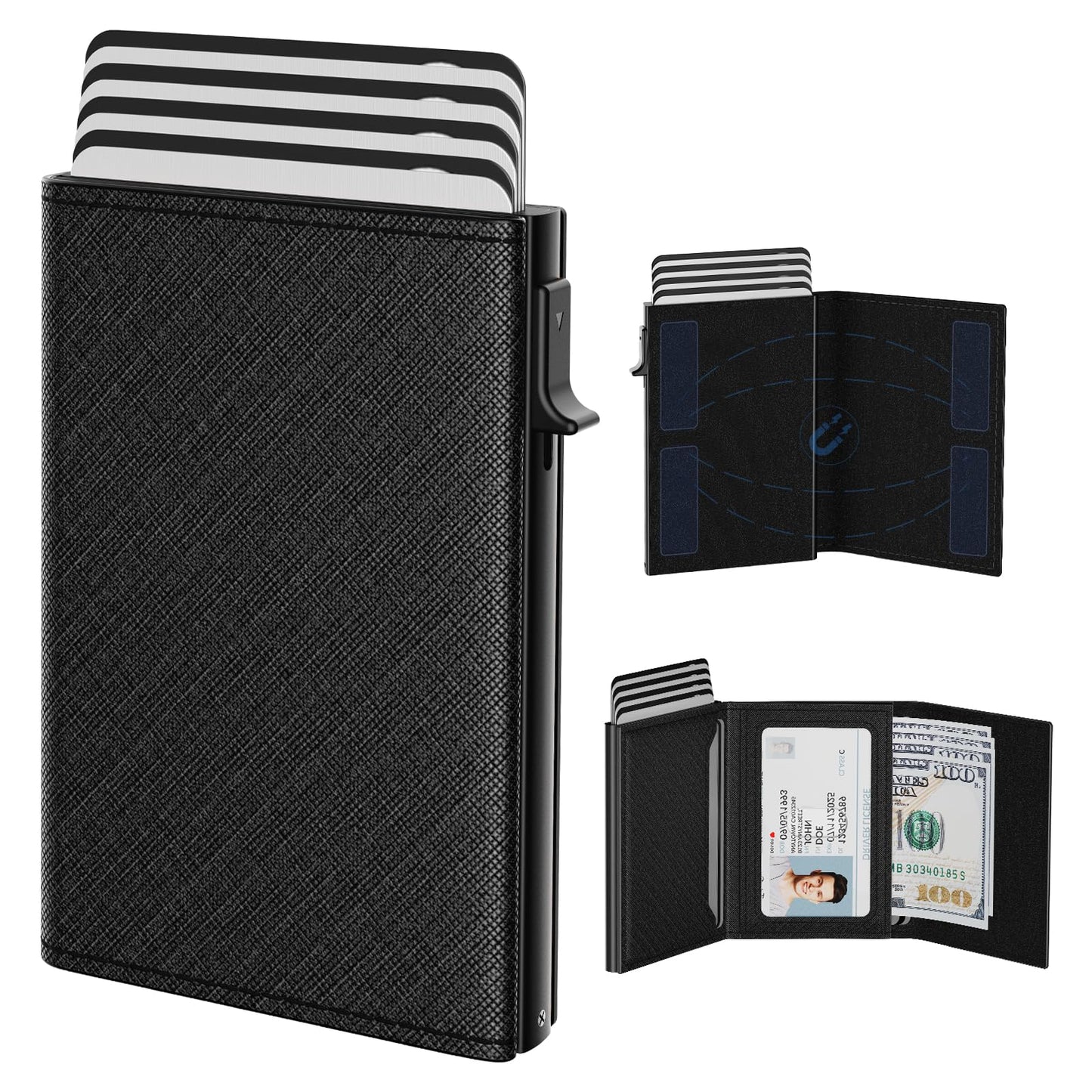 typecase Mens Wallet Card Holder: Pop Up Aluminum Case, Genuine Leather, Smart, RFID Blocking, Slim, Minimalist, Front Pocket - 9-14 Card Capacity | ID Window | Cash Slot (Cross Black)