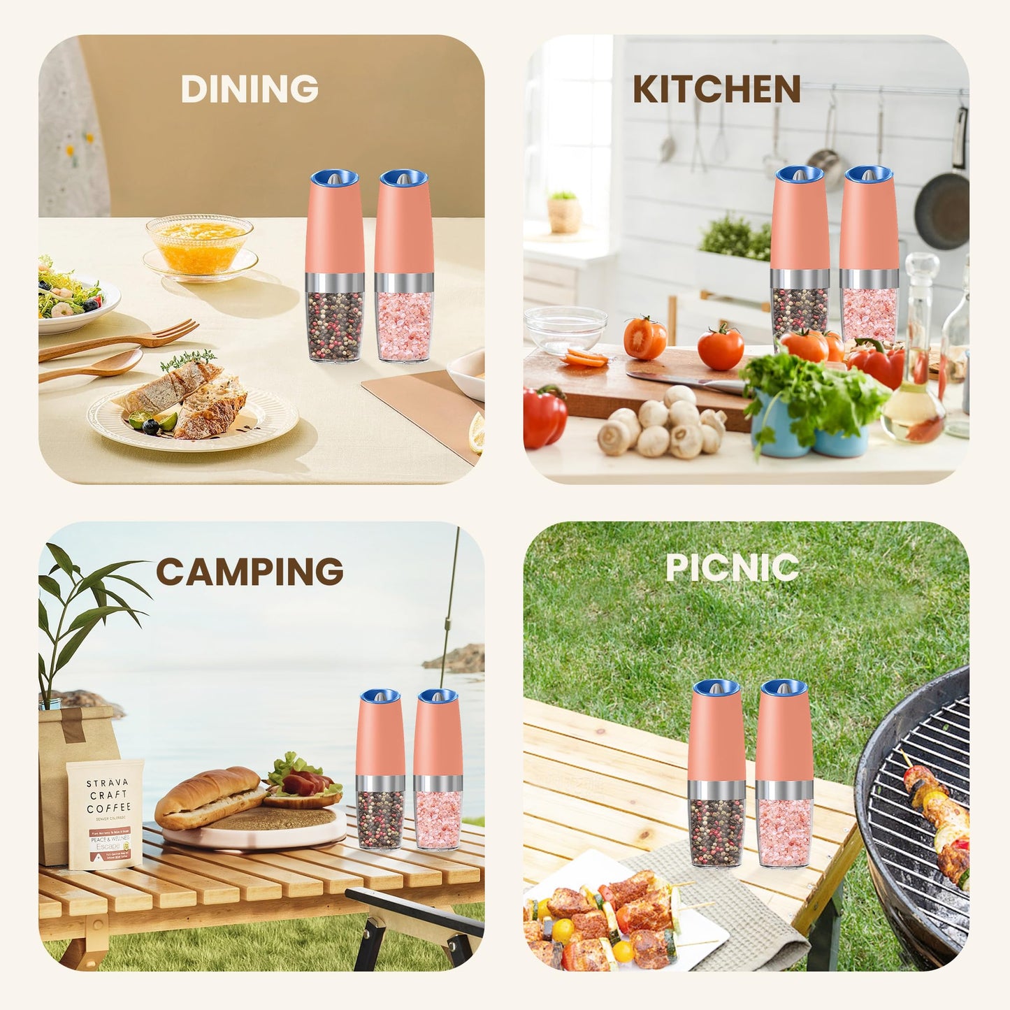 KIARYUOLL Gravity Electric Salt And Pepper Grinder Set, Automatic Salt And Pepper Grinder Set, Battery Powered (6 AAA Batteries Each), Adjustable Roughness, LED Light, 2 Pack, (Pink)
