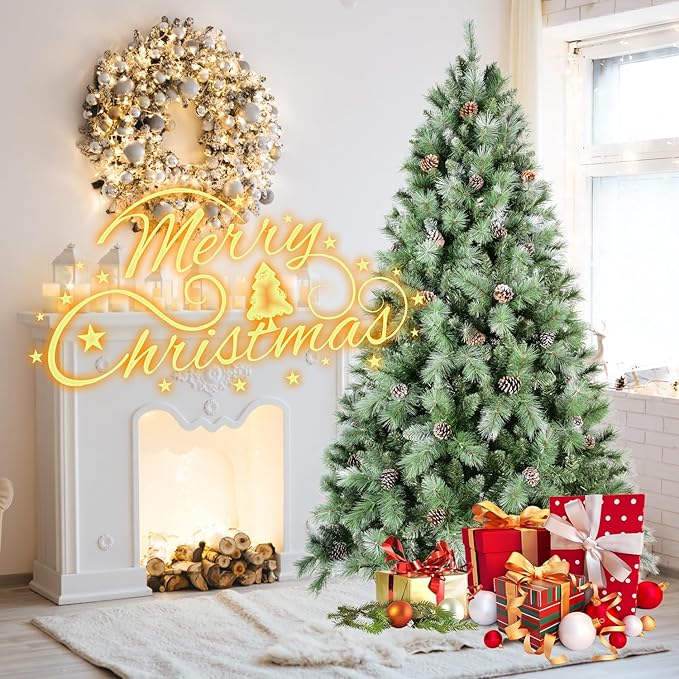 7.5FT Frosted Christmas Tree with 92 Pine Cone & Pine Needles, Premium Unlit Artificial Christmas Tree with 1588 Branch Tips, Realistic Hinged Xmas Trees with Metal Stand for Holiday Decoration