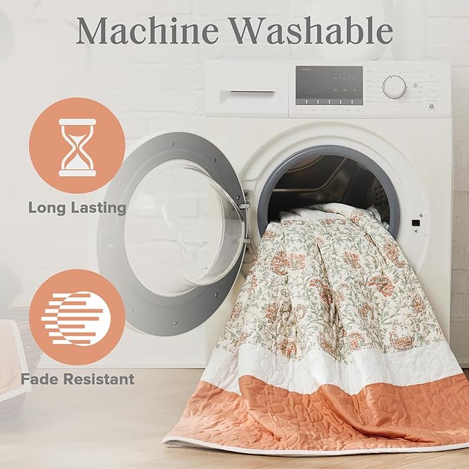 Madison Park 100% Cotton Quilt Set Floral Print, Double Sided Stitching, All Season, Lightweight Coverlet Shabby Chic Bedding Layer, Matching Shams, King/Cal King, Coral 6 Piece