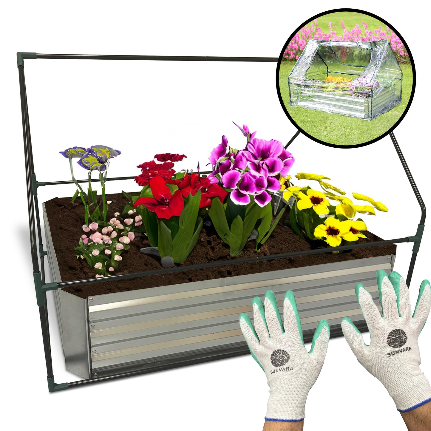 Sunvara Galvanized Raised Garden Bed with Cover 4x3x1ft Large with Gloves