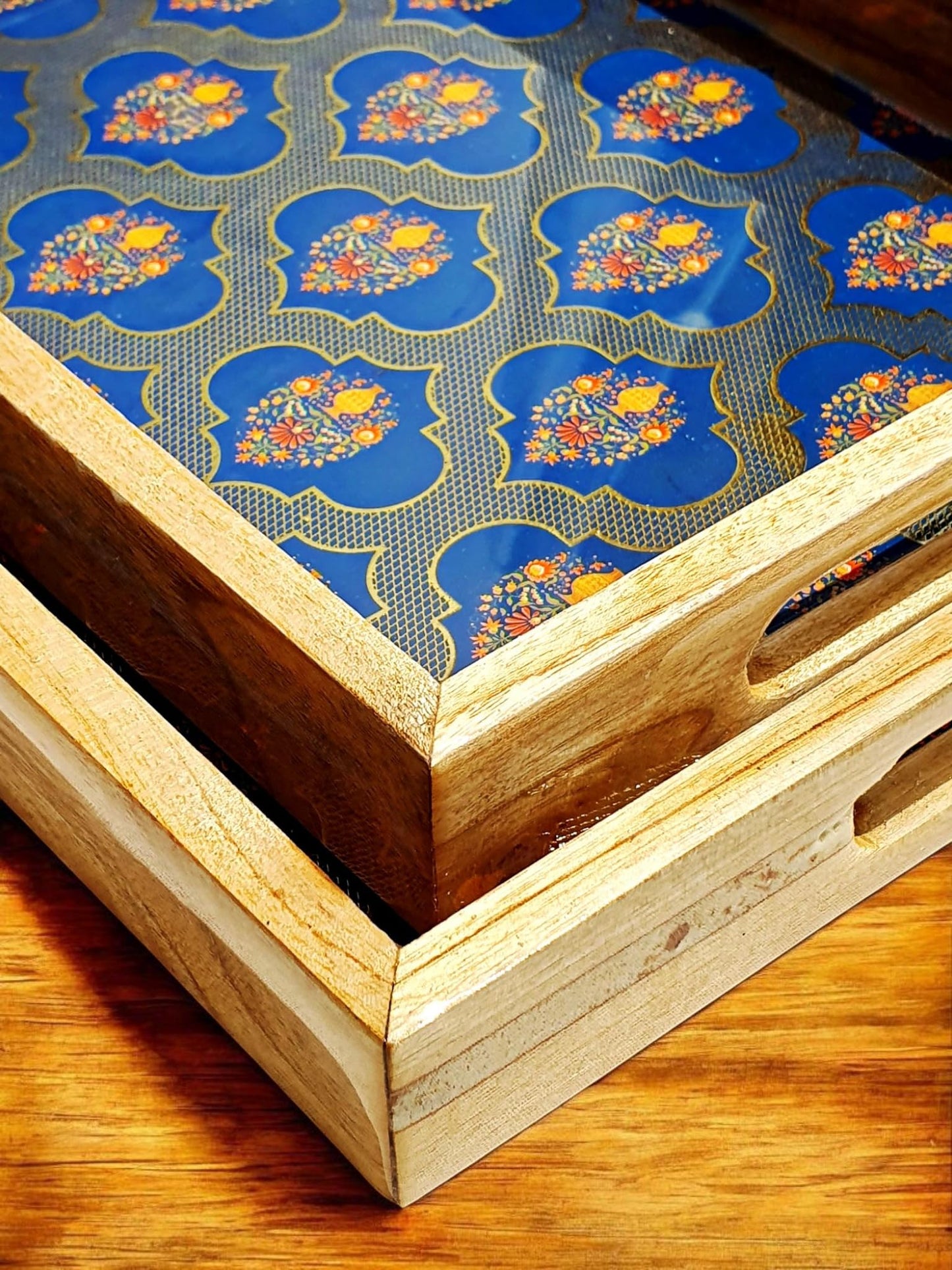 Vetali Export Handcrafted Teakwood Serving Tray Set of 2, Decorative Rectangular Trays with Handles, Breakfast in Bed, Coffee Table, Dinner, BBQ, Snacks, Appetizers, Lap Desk Tray for Couch - Blue