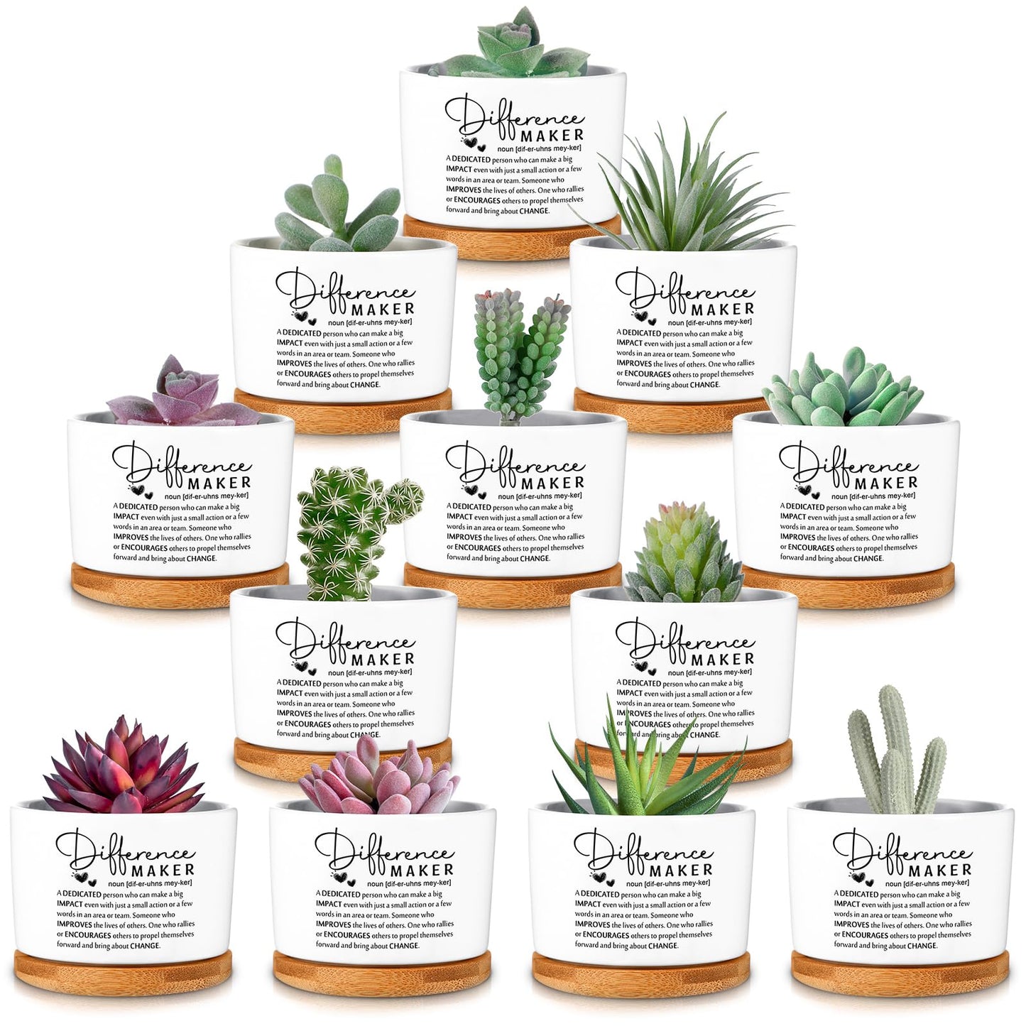 SEEWEY 12 Pcs Difference Maker Employee Appreciation Gifts Succulent Pots Bulk Inspirational for Coworker Team Small Ceramic Plant Pots with Bamboo Trays for Office Staff Women Men