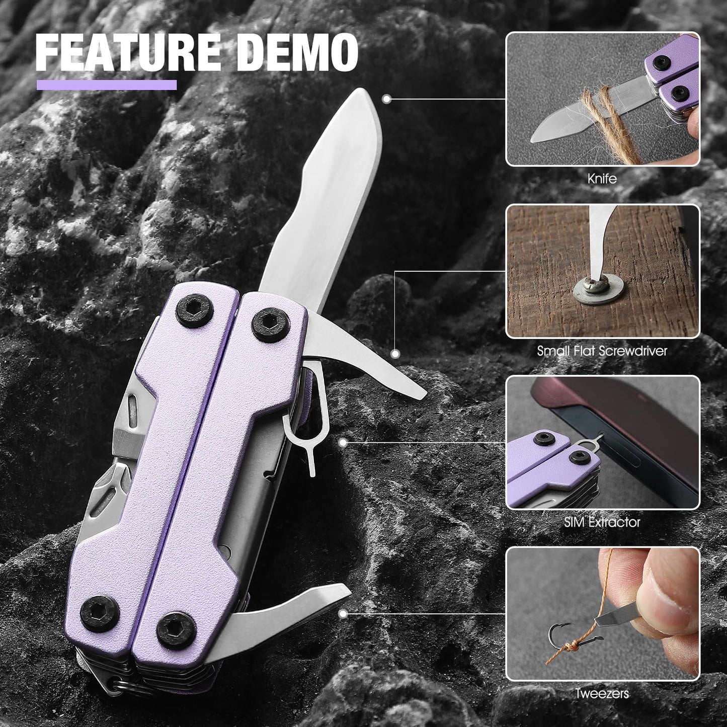 Multitool with Pocket Knife,Gifts for Men and Women, 11-in-1 Mini EDC Multitool with Screwdriver, Scissors, SIM Extractor and Bottle Opener, Perfect for Outdoor, Hiking, Simple Repair (Purple)