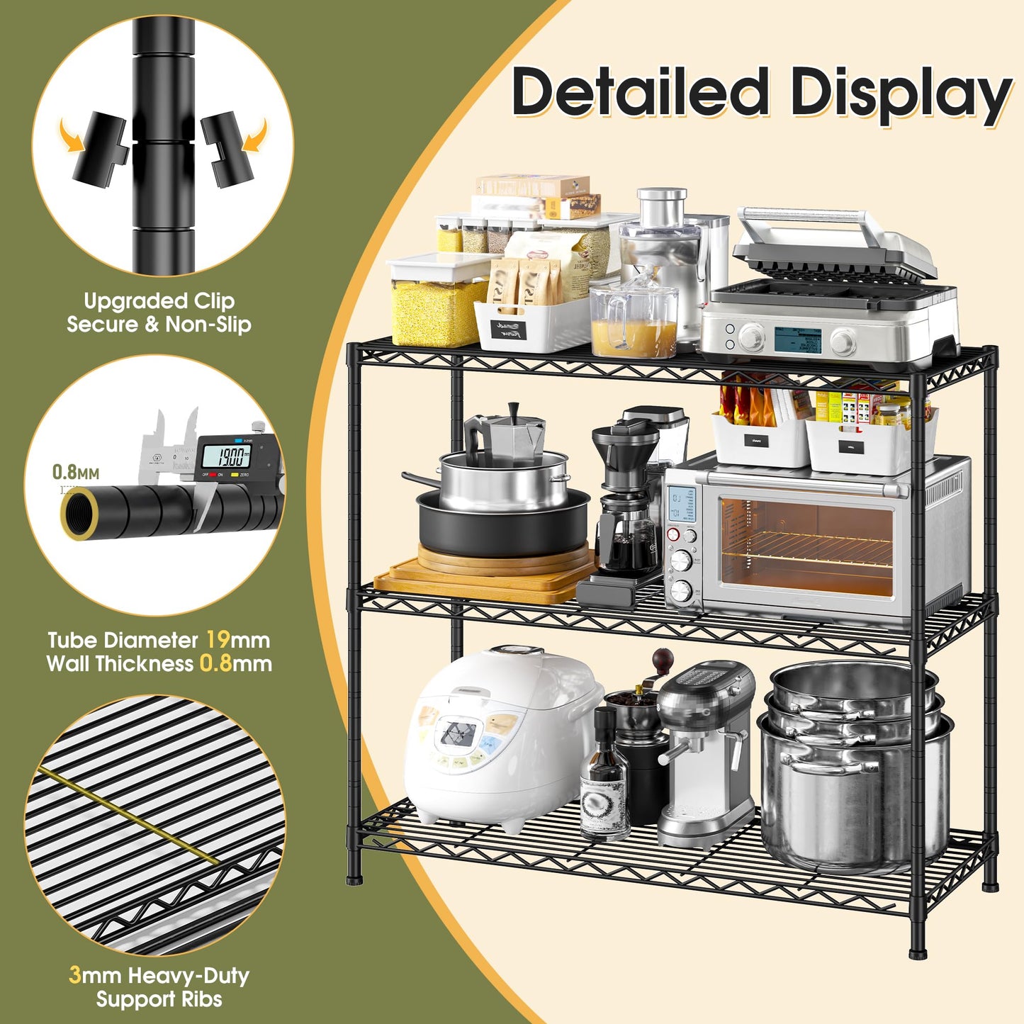 DurayLoly 35.6" W Storage Shelves, 3 Tier Adjustable Metal Shelving Unit Heavy Duty Steel Wire Rack for Kitchen,Laundry,Pantry,Office,Garage, Closet,Black(35.6" Wx14 Dx35.6 H)