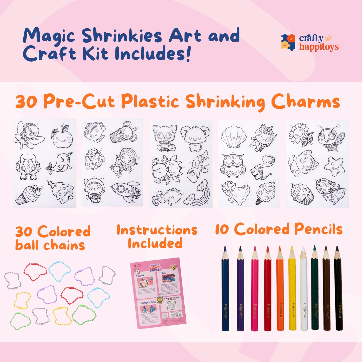 CRAFTY HAPPITOYS Shrink Art Sheets - Craft Kit for Kids - Art and Craft for Kids - Shrink Plastic Sheets with 30 Pre Cut Charms - DIY Jewelry Making - Keychain Activity - Shrinky Kit 70pc