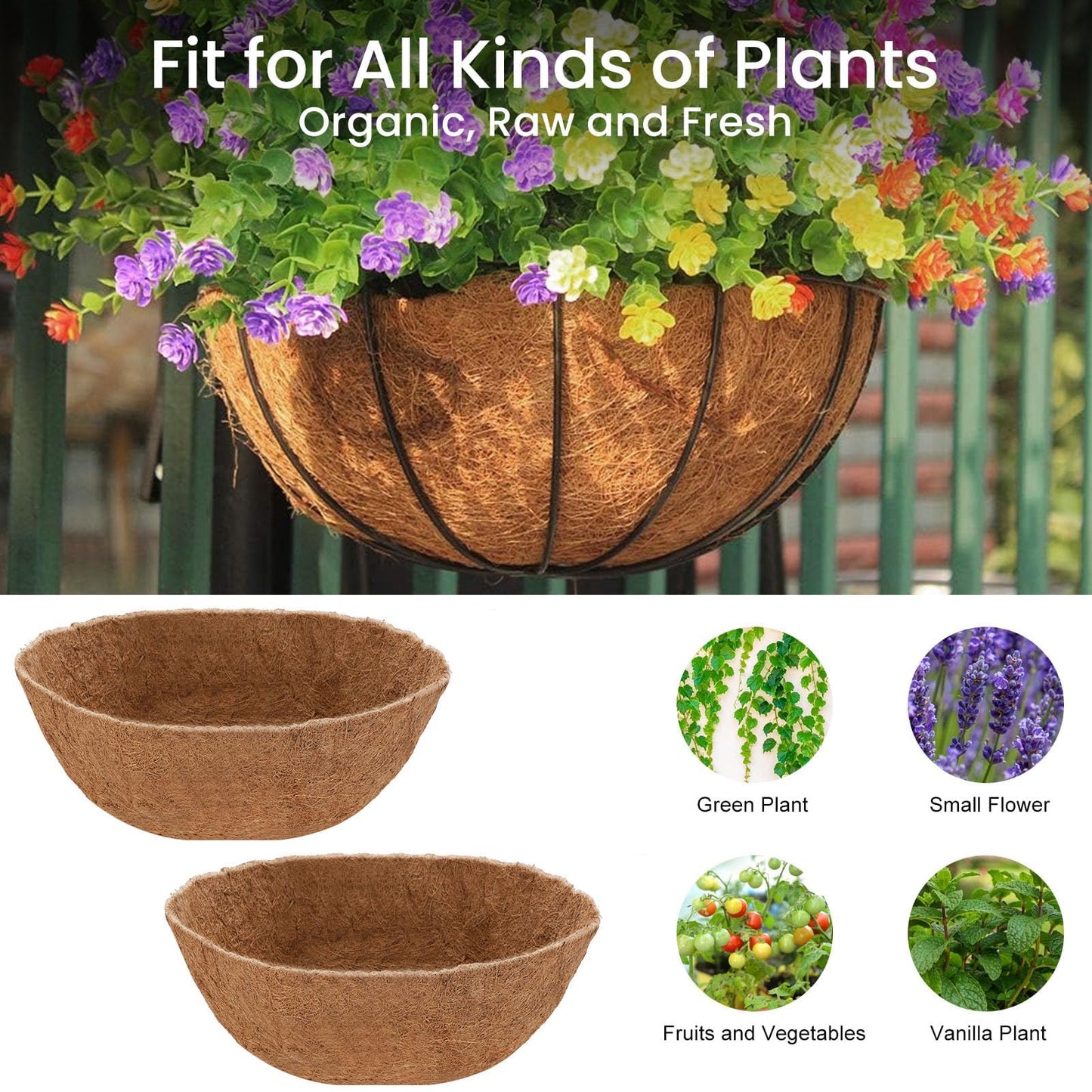 6 Pcs 8inch Coconut Fiber for Plants Round Hanging Basket Liner Wall Planter Insert Replacement Coco Coir Liner for Window Box, 100% Natural Coconut Fiber Fence Flower Baskets Pot (6, 8 inch)