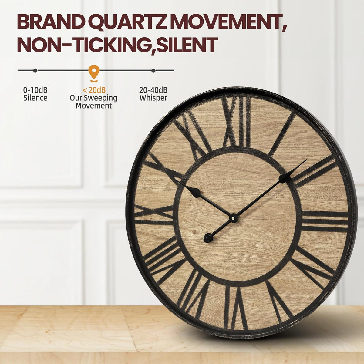 Large Wall Clock for Living Room Decor, Non Ticking Silent, Battery Operated Modern Vintage Wood Wall Clock Oversized Decorative Wall Clock for Bedroom Kitchen Farmhouse Office Decor