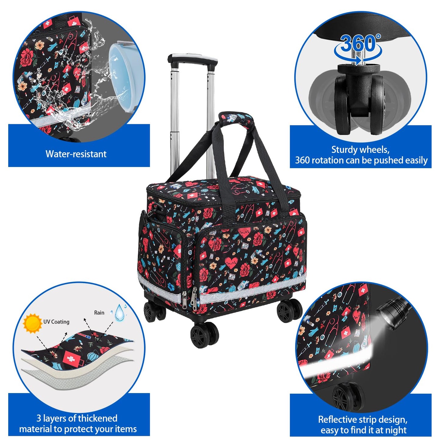 Medical Bag Rolling Roller Bag Trolley Duffel Nurses EMT CNA RN Empty for First Aid Responder Home Health Care Nursing Student Roll Duffle Bag Carry on Wheels Work Physicians Doctor