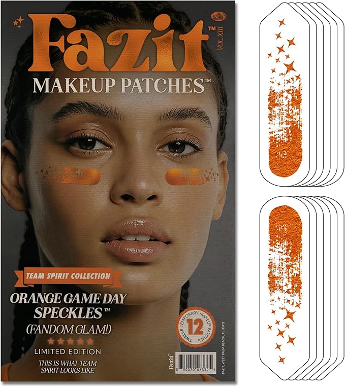Fazit Makeup Patches - Orange Game Day Speckles - Glow Up Make-Up Patches - Cute Glitter Makeup Accessories for Women - Cosmetic Glitter for Face