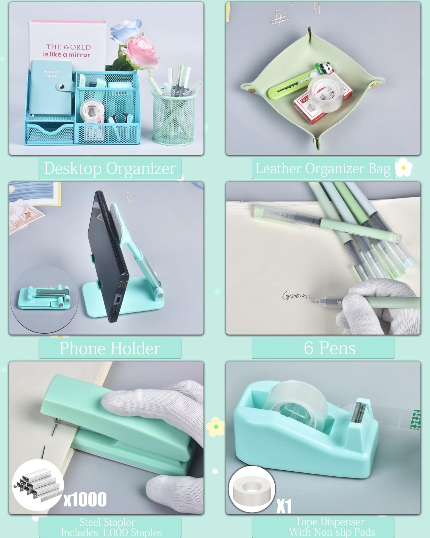 Green and Blue Desk Accessories, 26Pcs Office Supplies and Desk Organizers, with Tape Dispenser, Stapler, Staple Remover, Ect, Gift Box Packaging