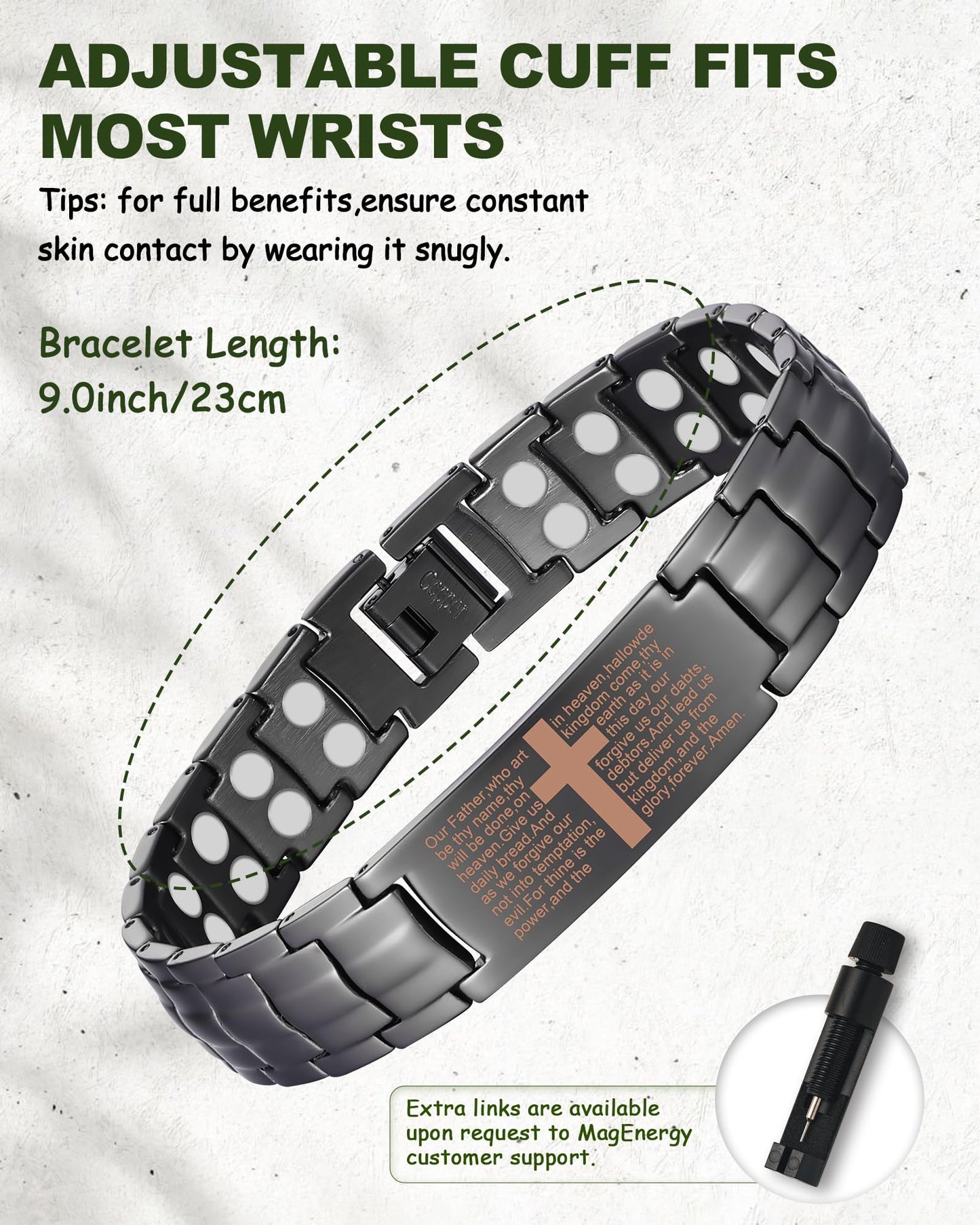 MagEnergy Copper Bracelet for Men,99.9% Pure Copper Cross Bracelet with Double-Row Strong Magnets, Adjustable with Sizing Tool, Men's Jewelry Gift