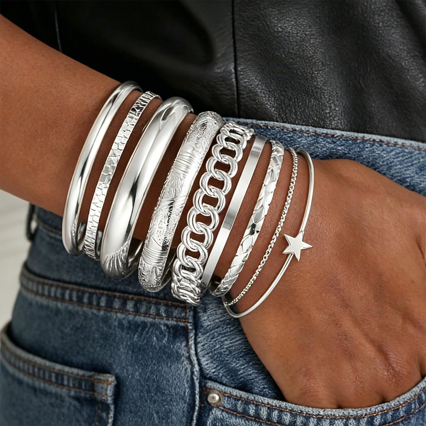 ÌF ME Gold Bangle Bracelets for Women, 19Pcs Multi Stackable Textured Bangles Set, 14K Gold Plated Chunky Bracelet Boho Jewelry Gifts(Silver)