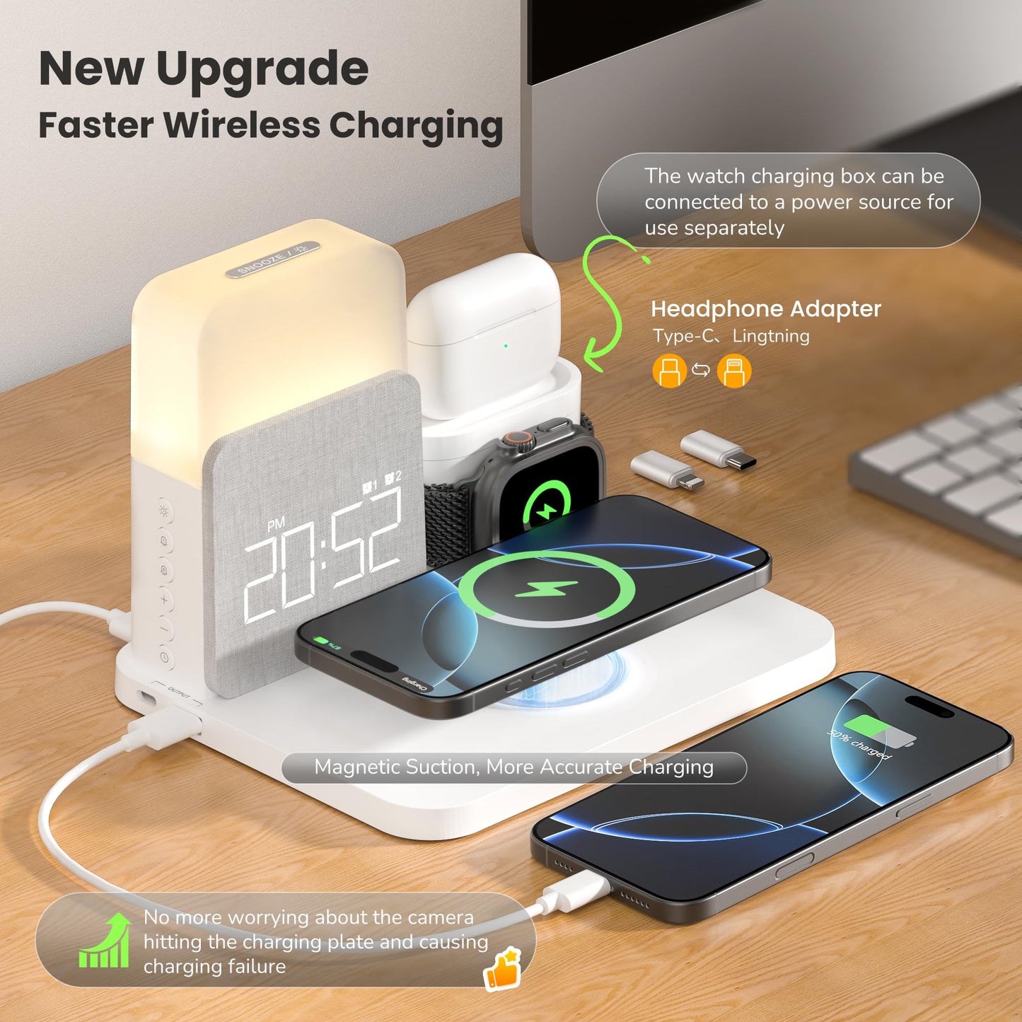Alarm Clock with Wireless Charger for Bedrooms, 6 in 1 Wireless Charging Station, Magnetic Charger with Night Light Bedside Clock for iPhone 16 15 14 13 12 Pro Max, Apple Watch, AirPods