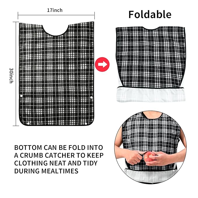 XKDOUS 3 Pack Adult Bibs for Men & Seniors, Reusable & Waterproof Clothing Protector with Crumb Catcher Pocket for Eating, Feeding Bibs for Elderly Women Men, Ideal Senior Citizens Gifts