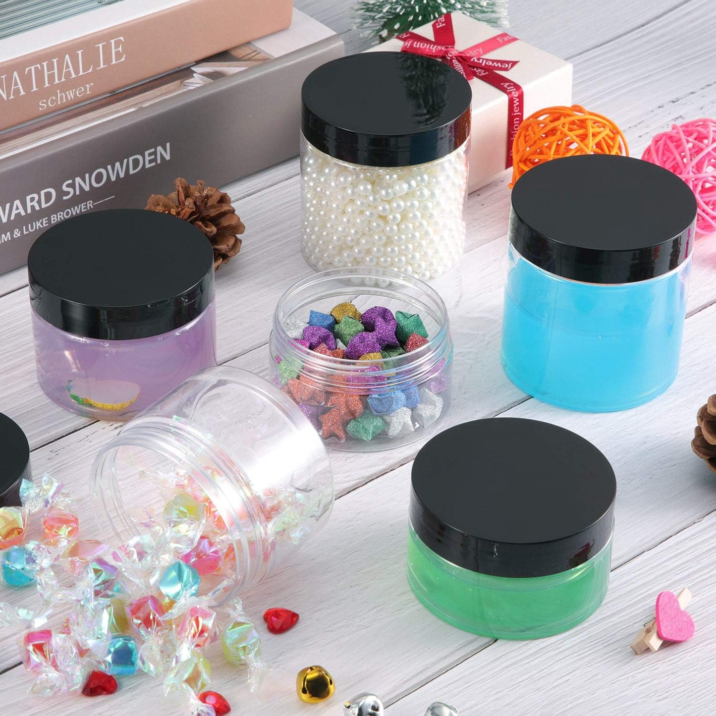 SATINIOR 24 Pieces Empty Clear Plastic Jars with Lids Round Storage Containers Wide-Mouth for Beauty Product Cosmetic Cream Lotion Liquid Butter Craft and Food (Black Lid, 4 oz)