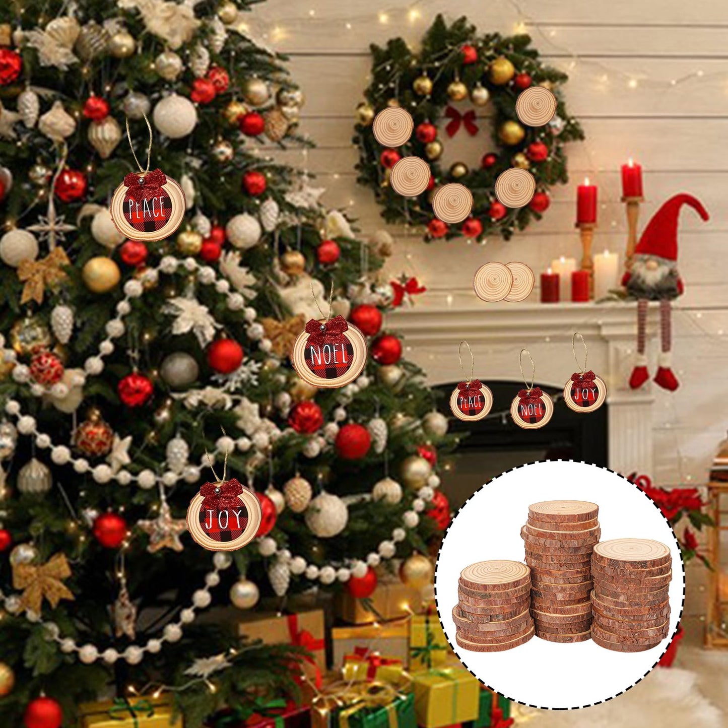 Geytetqi 76 PCS Small Wood Slices with Hole for Crafts, 3.5 Inch - 4 Inch Mini Wood Slices for Christmas Ornaments Rustic Wedding Decoration DIY Crafts, and More(Include 2 Rope)