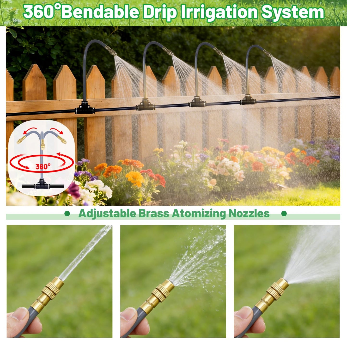 49.2 Ft 360° Adjustable 1/4" Drip Irrigation System Bendable Watering Misting System Drip Irrigation Kit Garden Watering Atomizing System with 12 Nozzles, Automatic Irrigation System for Garden