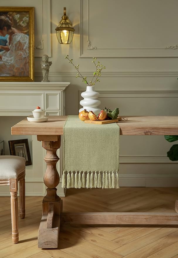 ZeeMart Sage Green Table Runners 90 Inches Long, Burlap Linen Style Rustic Farmhouse Table Runner, Long Boho Dining Table Runner, 13x90 Inches, Light Sage Green