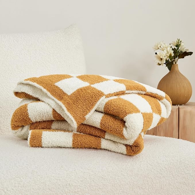 CozeCube Checkered Blanket, Ultra Soft Cozy Orange and White Throw Blanket, Warm Cozy Knit Fuzzy Plush Checkerboard Throw for Couch Bed Sofa, 50"x60"