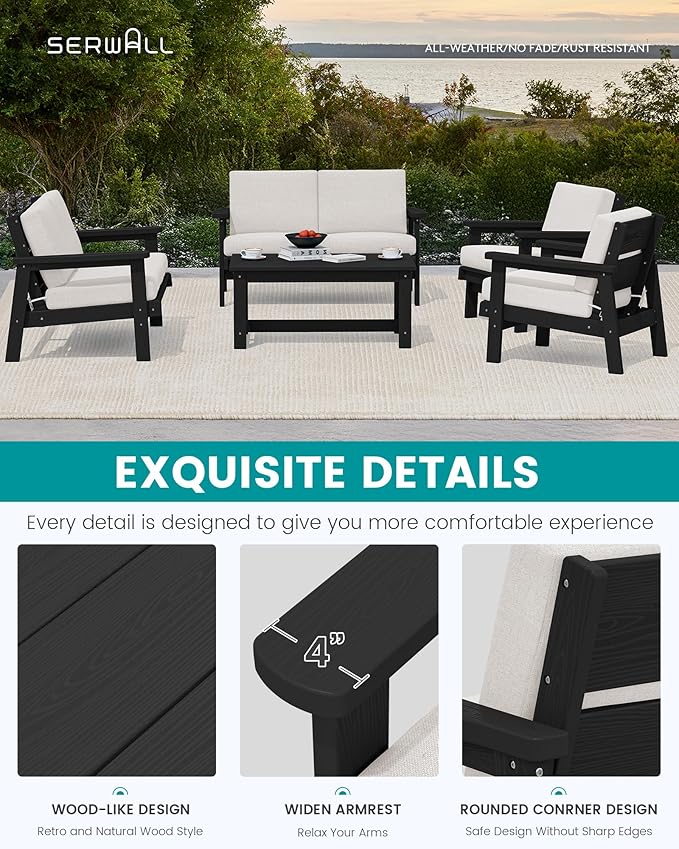 SERWALL HDPE Patio Furniture Set, 5 Piece All Weather Wood-Like Sectional Outdoor Furniture Set, Black Patio Sofa Couch with Khaki Cushions for Deck, Lawn