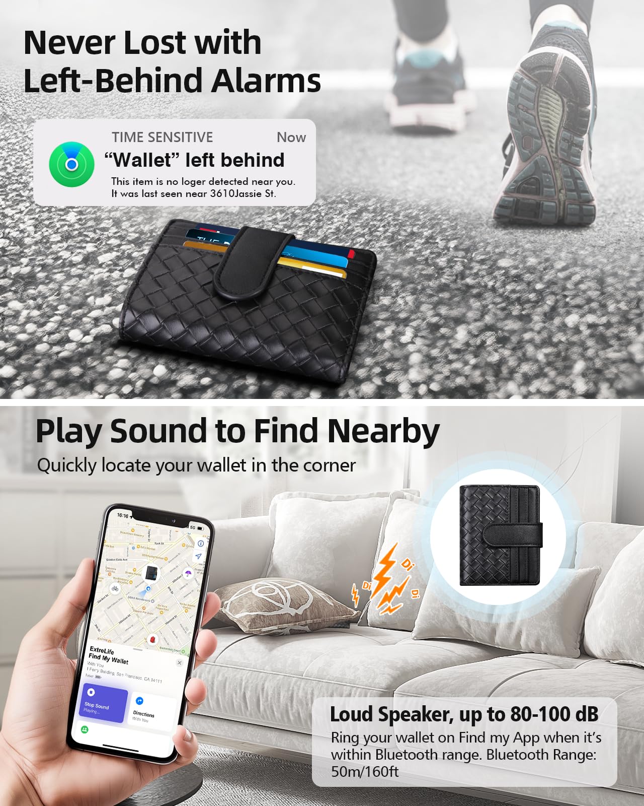 Smart Women Wallet with Find My, Wallet Tracker, RFID Blocking Bifold Credit Card Holder, Left-Behind Alerts, Play Sound, Anti-Loss, Wireless Rechargeable, Works with iPhone, iPad, Mac, Black