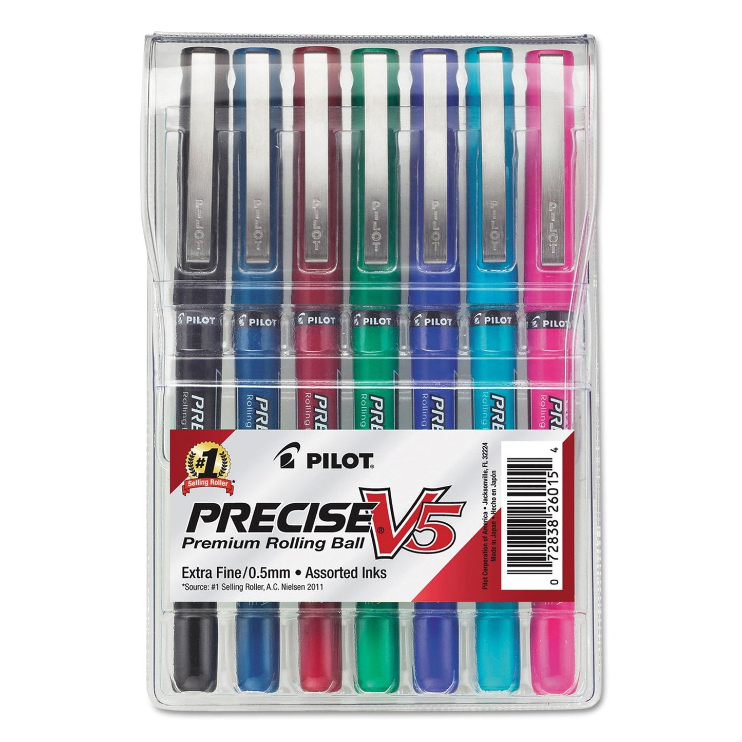 PILOT Precise V5 Stick Liquid Ink Rolling Ball Stick Pens, Extra Fine Point (0.5mm) Assorted Ink Colors, 7-Pack Pouch (26015)