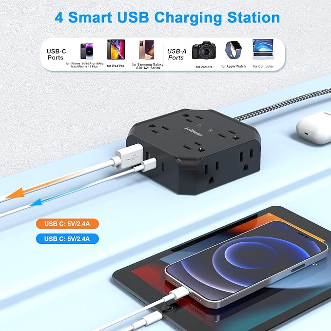 10FT Surge Protector Power Strip, Braided Extension Cord, 8 Outlets 4 USB Ports(2 USB C), Flat Plug Power Strip, USB Desktop Charging Station for Office School Travel Dorm Room Essentials