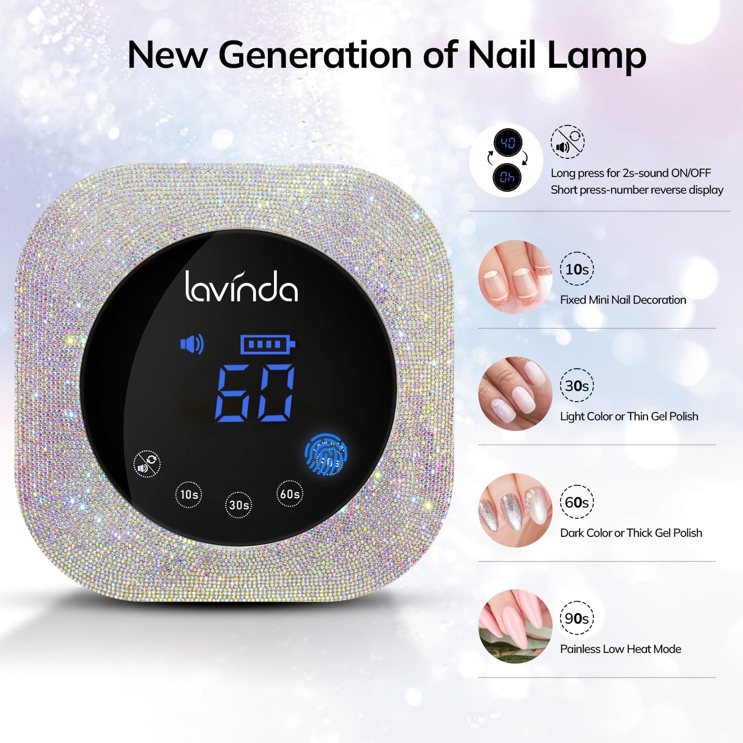 Lavinda UV LED Nail Lamp for Gel Nails, Cordless Rechargeable Nail Light with 4 Timer Settings, Touch LCD Display, Removable Base, 54W Professional Nail Dryer for Salon Home Use Diamond Design