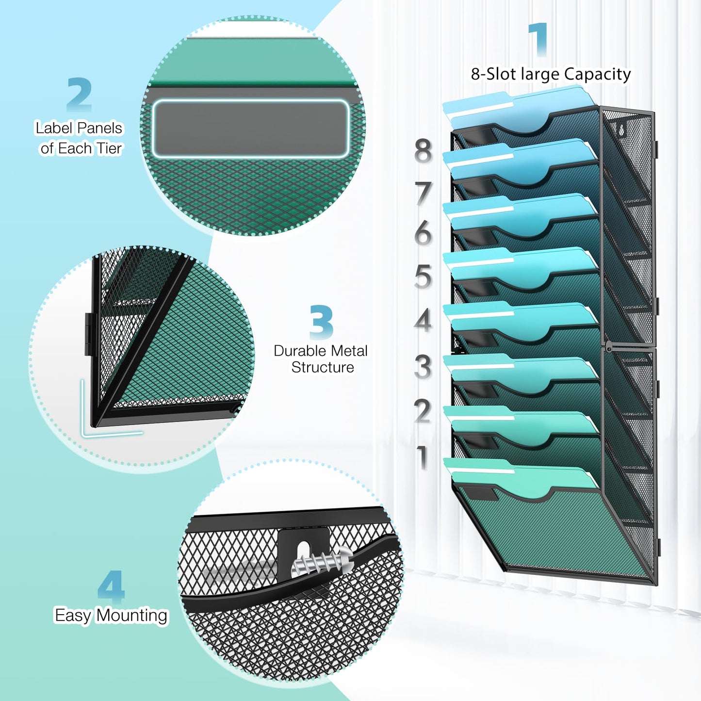 Gawerk 8-Tier Wall File Organizer Hanging Wall File Holder Wall Mount Paper Folder Organize, Mesh Magazine Document Mail Organizer Wall Organizer for Office School Home, Black