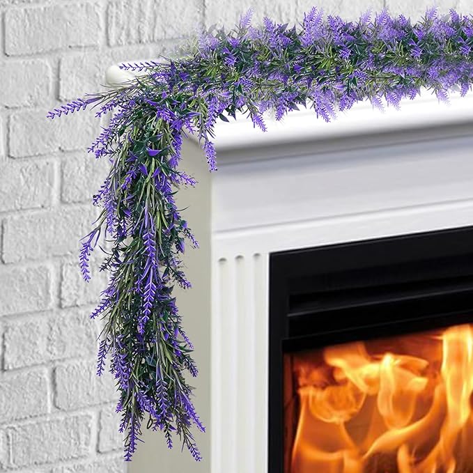 MAKHOT 6Ft Purple Lavender Artificial Garland Decor, Spring Summer All Year Lavender Deep Purple Garland, Green Wreath Vines Decorations for Table Home Wedding Mantle Arch Porch Party