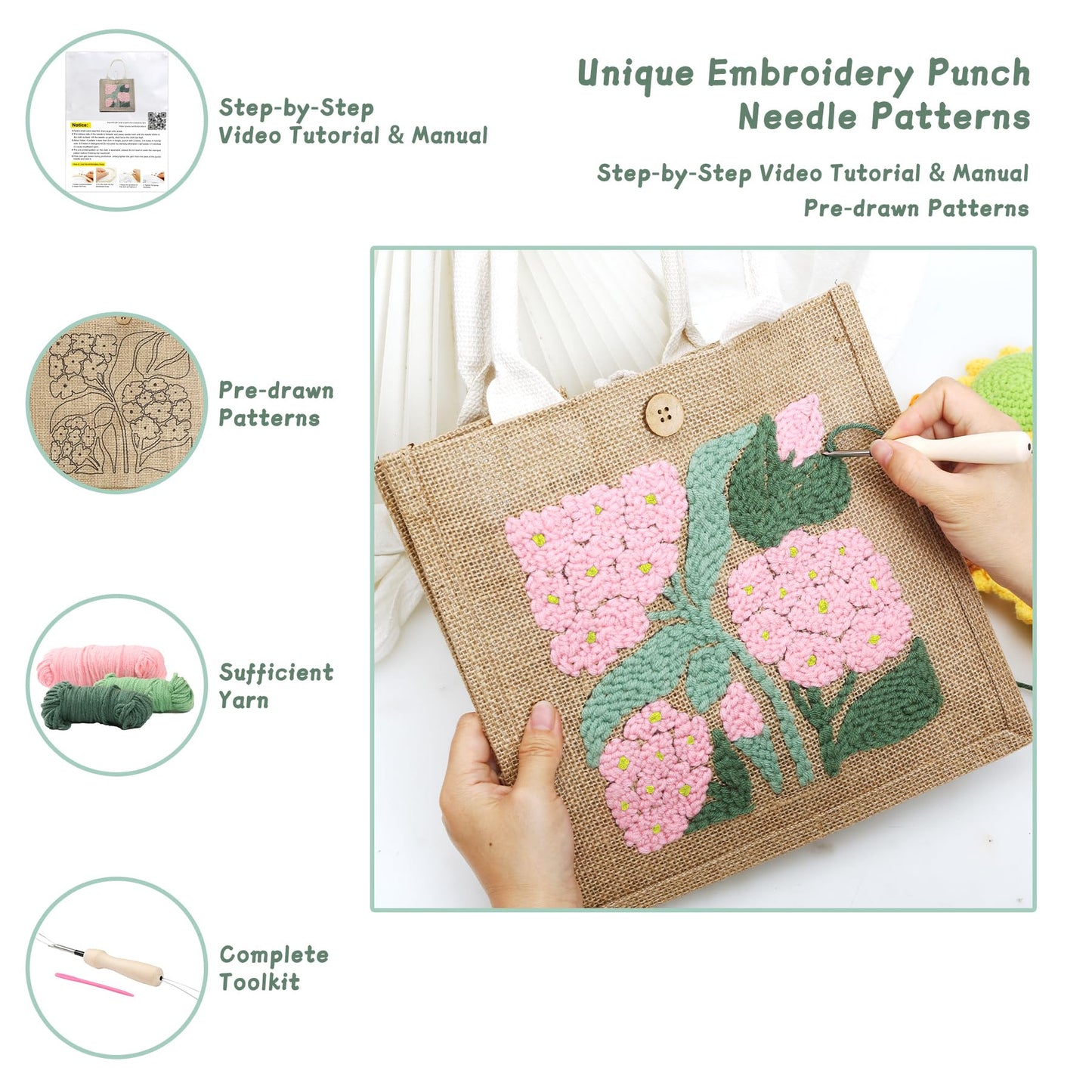 ERNTRNL Punch Needle Tote Bag Kit for Adults Beginner - DIY Punch Needle Embroidery Tote Bag Set, Punch Stitching Bags Kit with Instructions & Video Tutorial,Unique Pattern,Tools (Pink-Green)