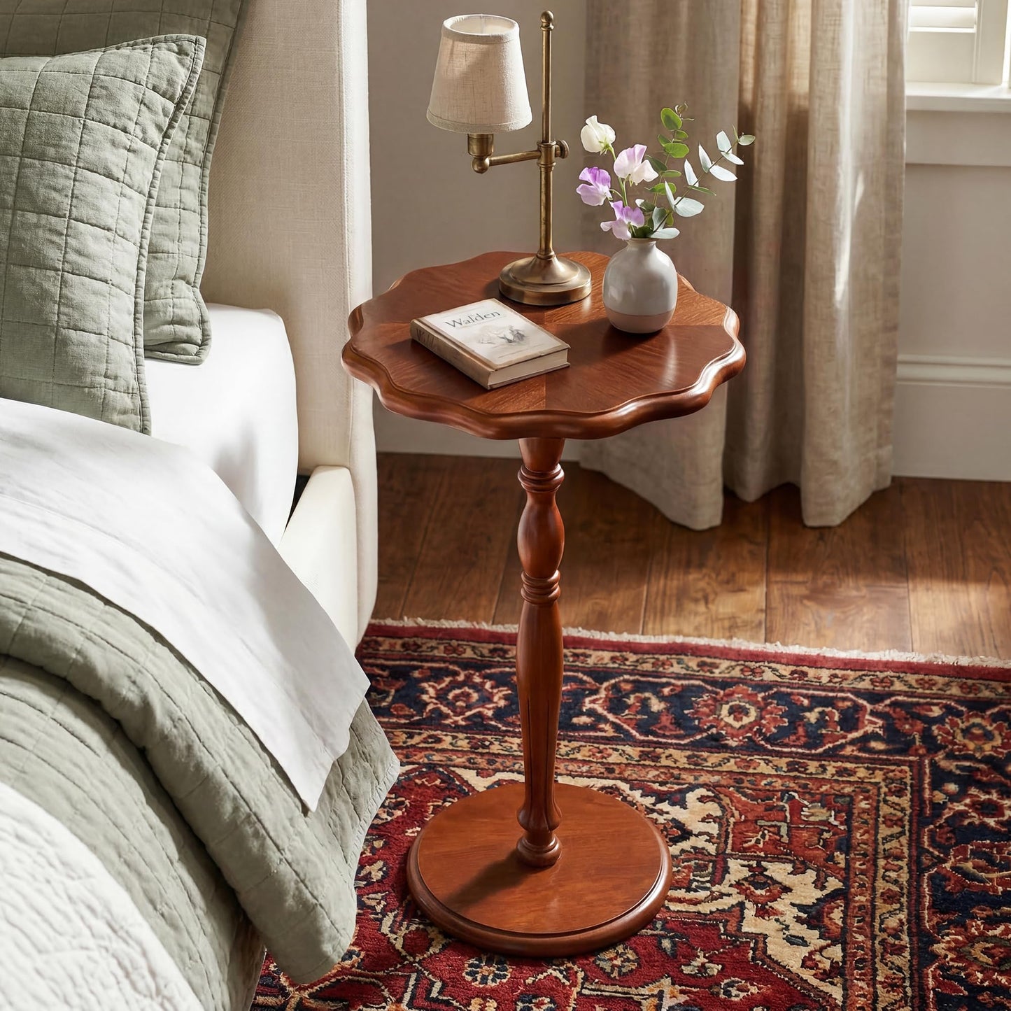 STO'SENSE Round Side Table, Drink Table for Small Spaces,Modern Accent Nightstand w/Solid Wood Leg,Mid-Century Pedestal Sofa Table w/Classic Sculpted Design for Living Room,Tool-Free Assembly,Walnut