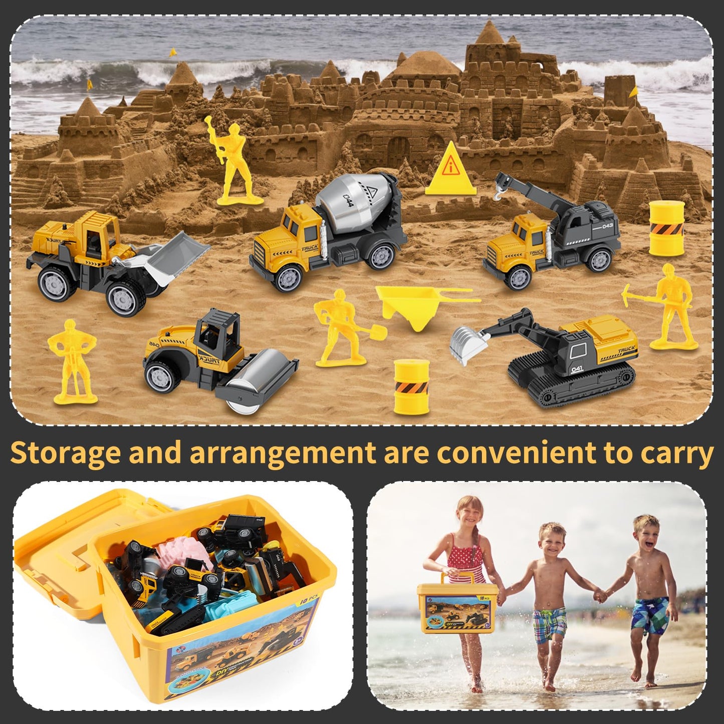 Play Construction Sand Kit,2.2lbs Magic Sand,8 Alloy Construction Vehicles,1 Inflatable Sandbox,8 Worker Figures and Road Signs,6 Castle Molds,1 Storage Box, Sensory Toys for Kids Ages 3+