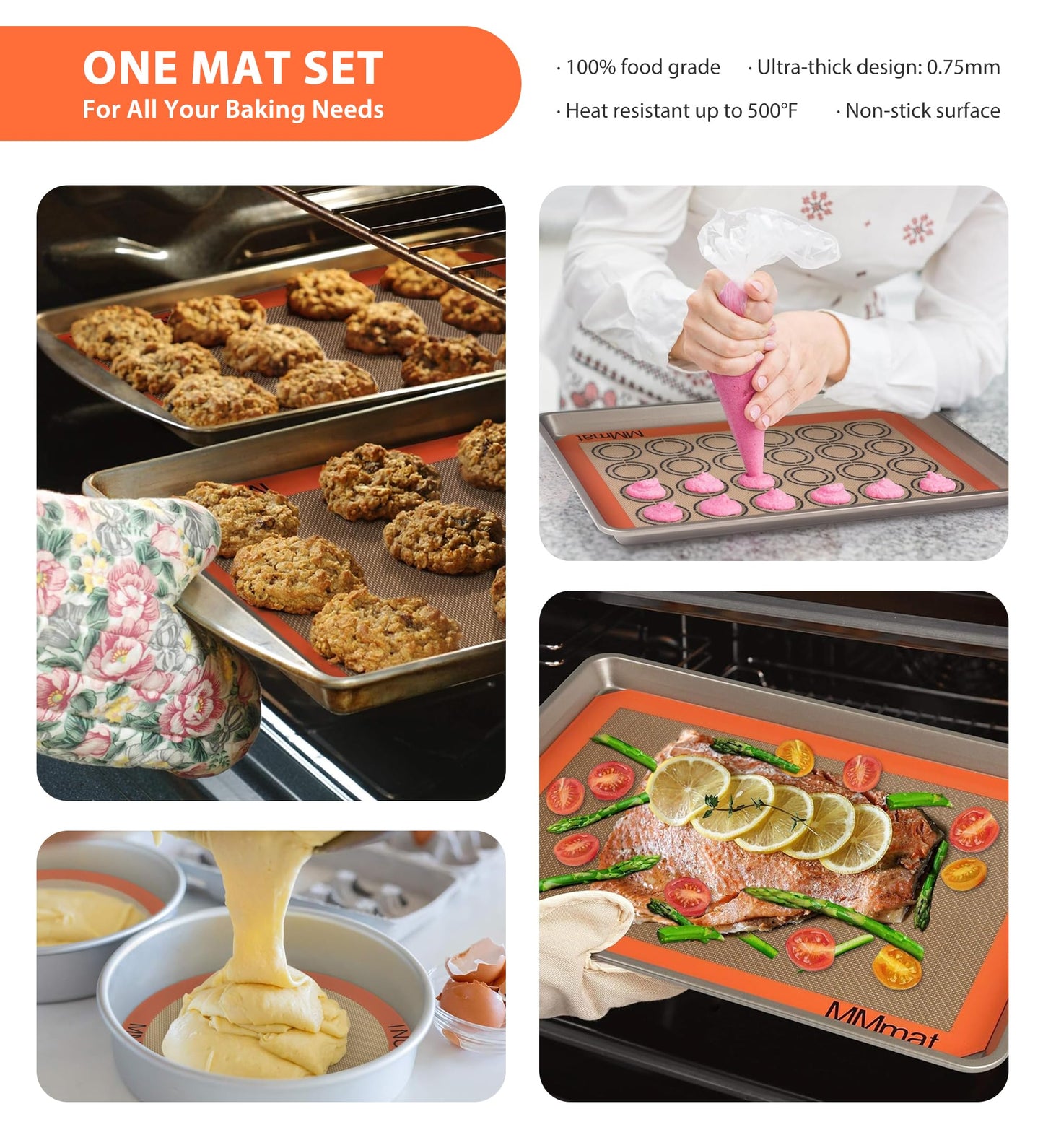 MMmat Silicone Baking Mats - Best German Silicone, Non Slip Baking Sheet, Non Stick Reusable Silicone Mats For Baking, Food Grade Oven Liner, Counter Mat, Set of 6