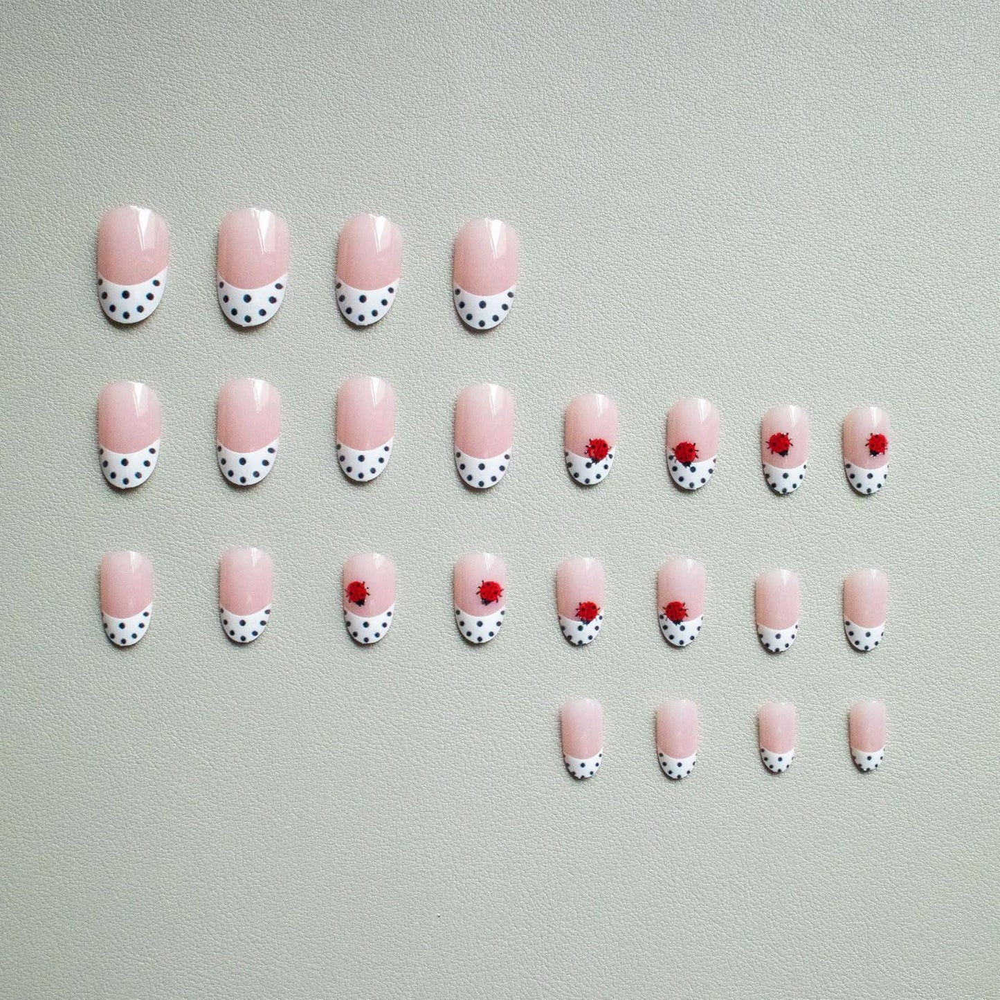 IMSOHOT Press on Nails Short Oval Fake Nails Polka Dot French False Nails with Ladybug Design Glossy Full Cover Acrylic Glue on Nails for Women Girls Manicure 24Pcs