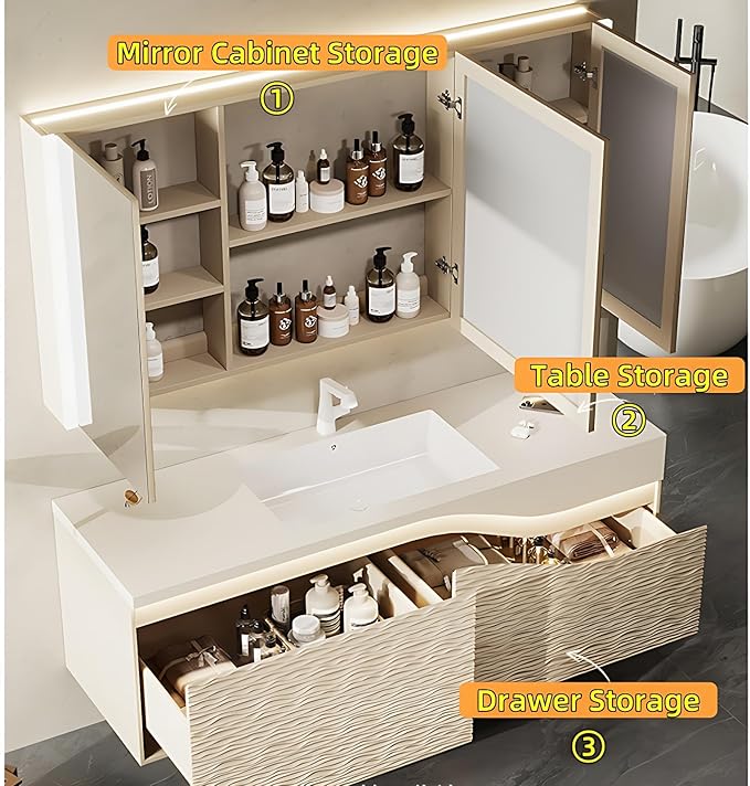 44in Elegant Modern Luxury Bathroom Vanity with Sink - Wall Mounted Solid Wood Cabinet & Smart LED Defogging Mirror | Single Sink Bathroom Cabinets