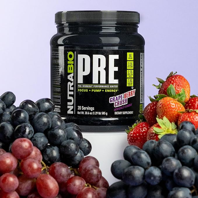 NutraBio PRE Workout Powder - Old Formula- Sustained Energy, Mental Focus, Endurance - Clinically Dosed Formula - Beta Alanine, Creatine, Caffeine, Electrolytes - 20 Servings - Grape Berry Crush
